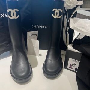 CHANEL Black Rain Boots with White Emblem